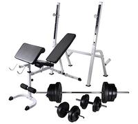 Banco de entrenamiento ajustable con soporte para pesas, mancuernas y mancuernas, juego de 60,5 kg para entrenamiento de fuerza en casa, incluye 6 discos de 1,25 kg, 4 discos de 2,5, 4 x 5, 2 x 10