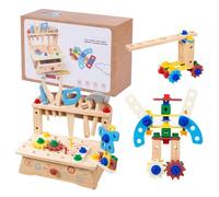 Banco de herramientas para niños de madera - juego de herramientas de juego para niños con nueces y pernos, juguetes de aprendizaje de construcción realistas, kit de juego de rol diferencias