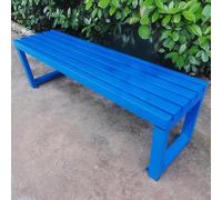 Banco de jardín de metal resistente a la intemperie, asiento de patio para 2 personas con diseño de listones sin respaldo para exteriores, porche, escuelas y par (azul 150 cm)