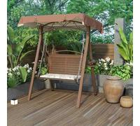 Banco de jardín de metal resistente con sombrilla, asiento duradero para patio al aire libre para patio, porche y parque, elegante acabado de nogal negro, resistente a la intemperie, cómodo y elegante