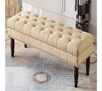 Banco de madera maciza retro para el final de la cama, asiento de banco tapizado de lino con botones, cómodo banco de zapatos con acento, banco de sofá multifunción (marrón claro 39 x 16 x 18 pulgada