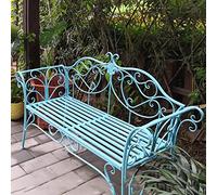 Banco de metal para patio al aire libre con reposabrazos y respaldo curvado, muebles de jardín de 2 plazas en azul claro, diseño retro, fácil de montar