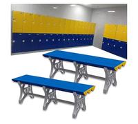 Banco de piscina impermeable, taburete cambiador de plástico ABS duradero para gimnasio, hotel, baño y escuela, juego de 2 sillas cambiadoras de zapatos, tamaño 59 x 15.7 x 17.7 pulgadas, azul oscuro