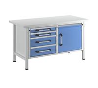 Banco de trabajo, bastidor modular eurokraft pro, anchura 1500 mm, 4 cajones, 1 puerta, azul luminoso