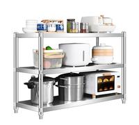 Banco de trabajo de acero inoxidable con niveles ajustables y estante de almacenamiento abierto, mesa de preparación multifuncional para fácil acceso, mesa de metal con patas de acero inoxidable de