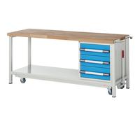 Banco de trabajo móvil y descendible, construcción de bastidor Serie 8000 eurokraft pro, 3 cajones, repisa