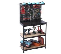 Banco de Trabajo Relaxdays, 155 x 80,5 x 41 cm, 2 Niveles, con Panel Perforado, estantes y Accesorios, Acero/MDF, Negro