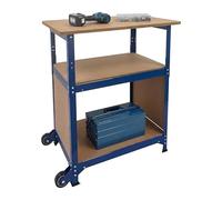 Banco de Trabajo Relaxdays sobre Ruedas, 69,5×72,5×50 cm, Altura Ajustable, Panel Perforado, Acero/MDF, Azul