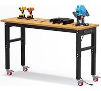 Banco de trabajo resistente de 60 pulgadas con ruedas, capacidad de 2200 libras de altura ajustable para garaje, mesa de trabajo de madera de bambú, estación de trabajo con toma de corriente y tablero