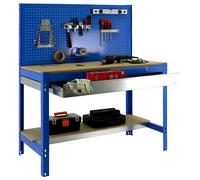 Simonrack Banco de trabajo taller BT2 – 600 kg, 1445×1210×610 mm, 1 cajón, azul/madera