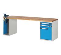 Banco de trabajo, sistema modular Serie 7000 eurokraft pro, 2 cajones, 1 puerta, 1 tornillo de banco en el lado izquierdo
