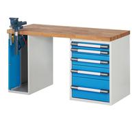 Banco de trabajo, sistema modular Serie 7000 eurokraft pro, 5 cajones, 1 tornillo de banco en el lado izquierdo