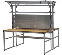 Banco de trabajo workalu® de aluminio con estructura modular, por los dos lados bedrunka hirth, 2 baldas, 4 paredes perforadas, 1 canaleta para cables, 2 lámparas para puesto de trabajo