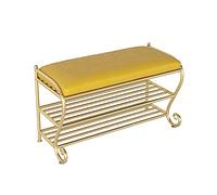 Banco de zapatos amarillo de lujo con asiento de piel sintética de 2 niveles, zapatero de metal, moderno otomano de almacenamiento de entrada para porche y pasillo, 60 x 35 x 45 cm