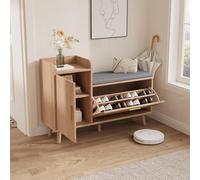 Banco de zapatos con almacenamiento de 3 puertas para entrada, sala de estar y dormitorio, color madera, 100 x 30 x 69,5 cm, muebles elegantes para zapatos