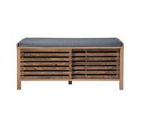 Calicosy - Banco de zapatos con 2 puertas correderas con hojas caladas - Cojín de tela gris lino - patas de madera y decoración madera - Colección Liam - Entrada, dormitorio - L 112 x P 43,5 x 51 cm