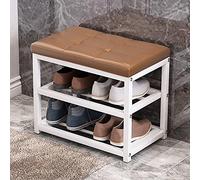 Banco de zapatos de 3 niveles con cojín de metal, zapatero de almacenamiento de entrada, taburete de pasillo de piel sintética, 50 x 45 x 30 cm, elegante y funcional