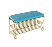 Banco de zapatos de entrada de lujo con asiento de piel sintética de 2 niveles, zapatero de metal, otomana moderna para porche y pasillo, color azul, 60 x 35 x 45 cm