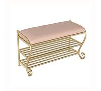 Banco de zapatos de lujo con asiento de piel sintética, zapatero de metal de 2 niveles, moderno banco de almacenamiento para entrada y pasillo, color rosa, 100 x 35 x 45 cm