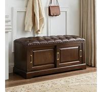 Banco de zapatos de madera maciza con asiento acolchado y puertas correderas, no necesita instalación, zapatero de entrada para pasillo, acabado duradero de nogal oscuro