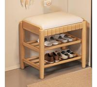 Banco de zapatos de madera maciza con cojín de cuero, almacenamiento de zapatos de 3 niveles para entrada y vestíbulo
