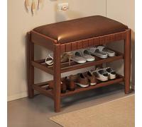 Banco de zapatos de madera maciza con cojín de cuero, almacenamiento de zapatos de 3 niveles para entrada y vestíbulo
