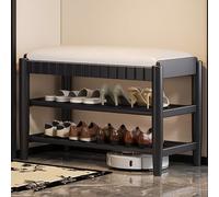 Banco de zapatos de madera maciza con cojín de cuero, almacenamiento de zapatos de 3 niveles para entrada y vestíbulo