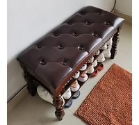 Banco de zapatos de madera maciza con cojín de cuero y zapatero vintage de 3 niveles, diseño rústico para entrada, pasillo, dormitorio, sala de estar, patas romanas, color marrón, 90 x 30 x 48 cm