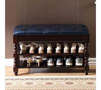 Banco de zapatos de madera maciza con cojín de cuero, zapatero vintage de 3 niveles, almacenamiento rústico en la entrada, diseño de patas romanas para pasillo y dormitorio, azul, 70 x 30 x 48 cm