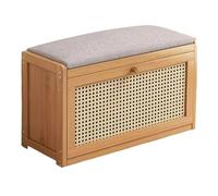 Banco de zapatos de ratán para entrada, banco de almacenamiento de madera con estante ajustable y asiento acolchado de lino para pasillo/dormitorio (50 cm)