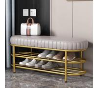 Banco de zapatos dorado con cojín, organizador de almacenamiento de 3 niveles, banco de entrada tapizado de piel sintética, elegante mueble de pasillo, banco acolchado para sala de estar y final de