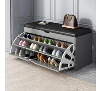 Banco de zapatos gris para entrada con asiento acolchado, almacenamiento de zapatos de madera con puertas y cajón plegable, muebles de pasillo independientes (80 x 30 x 50 cm)