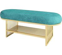 Banco de zapatos moderno con cojín, elegante taburete tapizado azul, estante de almacenamiento de zapatos con marco de metal, versátil extremo de la cama, muebles de decoración del hogar