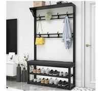 Banco de zapatos multifuncional con perchero, estante de zapatos de 2 niveles para entrada, pasillo, sala de estar, elegante solución de almacenamiento de 100 cm para zapatos y abrigos