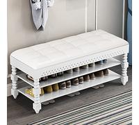 Banco de zapatos vintage para entrada con almacenamiento, zapatero de madera de 3 niveles y cojín de cuero, almacenamiento de zapatos para sala de estar, dormitorio, pasillo, color blanco, 100 x 30 x