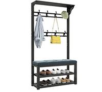 Banco industrial para zapatos con 8 ganchos, colgador de ropa independiente y estante para zapatos, ahorra espacio, árbol de pasillo para pasillo estrecho y dormitorio, elegante accesorio para