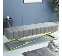 Banco moderno de terciopelo gris para dormitorio con base de metal en forma de X para sala de estar, banco de entrada de lujo de felpa, 24 x 15 x 17 pulgadas