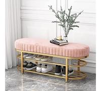Banco moderno de terciopelo para entrada con zapatero dorado de 2 niveles, color rosa, elegante, 60 x 32 x 43 cm, para pasillo o dormitorio, perfecto para decoración del hogar