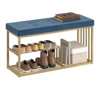Banco moderno para guardar zapatos HOMCOM con cojín de terciopelo, banco tapizado con almohadillas y estantes de almacenamiento, y estructura de acero dorado para la entrada, el pasillo, el salón, el