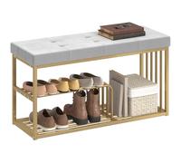 Banco moderno para guardar zapatos HOMCOM con cojín de terciopelo, banco tapizado con almohadillas y estantes de almacenamiento, estructura de acero dorado para la entrada, el pasillo, el salón, el