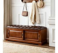 Banco Otomano De Almacenamiento De Cuero Auténtico con Puertas Corredizas, Banco para Zapatos De Pie De Cama De 1100 LB, Nogal Claro, 27.6 Pulgadas Light Walnut 23.6D x 16.5W x 12.6H