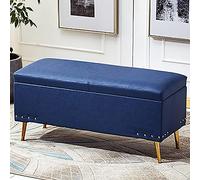 Banco otomano moderno de piel sintética azul con asiento suave y decoración de piel, reposapiés multifuncional y taburete de almacenamiento, lujosos bancos rectangulares para sala de estar, 80 x 40 x