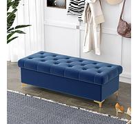 Banco otomano moderno de terciopelo con almacenamiento, lujoso asiento tapizado para dormitorio y sala de estar, azul, 60 x 40 cm, solución elegante para decoración del hogar