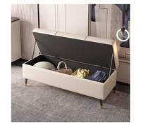 Banco otomano rectangular de almacenamiento con bisagra de seguridad y tapa abatible, color crema, 100 cm, banco de almacenamiento extra largo para dormitorio y sala de estar