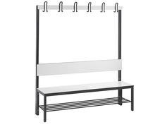 Banco para vestuarios COMFORT, por un solo lado C+P, HPL, respaldo y listón de ganchos