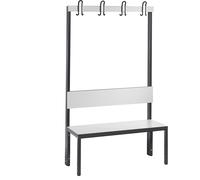 Banco para vestuarios COMFORT, por un solo lado C+P, HPL, respaldo y listón de ganchos