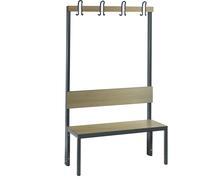 Banco para vestuarios COMFORT, por un solo lado C+P, HPL, respaldo y listón de ganchos