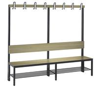 Banco para vestuarios COMFORT, por un solo lado C+P, HPL, respaldo y listón de ganchos