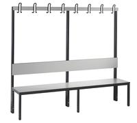 Banco para vestuarios COMFORT, por un solo lado C+P, HPL, respaldo y listón de ganchos