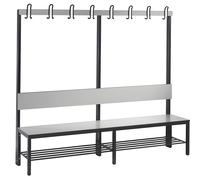 Banco para vestuarios COMFORT, por un solo lado C+P, HPL, respaldo y listón de ganchos